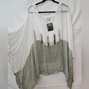 White & Olive Green Flowing V-Neck Blouse